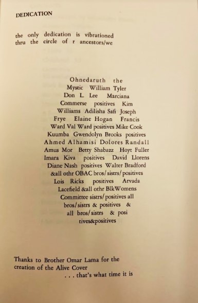 The dedication page of "Let's Go Some Where" by Johari Amini. Printed in black on off-white paper, the dedication text is typeset in a unique hexagonal shape, acknowledging many Black Arts Movement participants. Omar Lama is credited for his cover illustration at the bottom of the page.