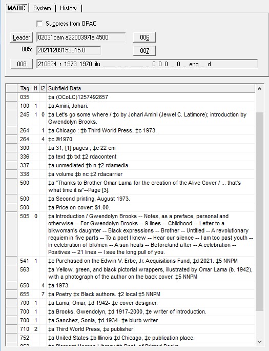 A screen shot from the Voyager Cataloging Module, showing a MARC catalog record for "Let's Go Some Where." 